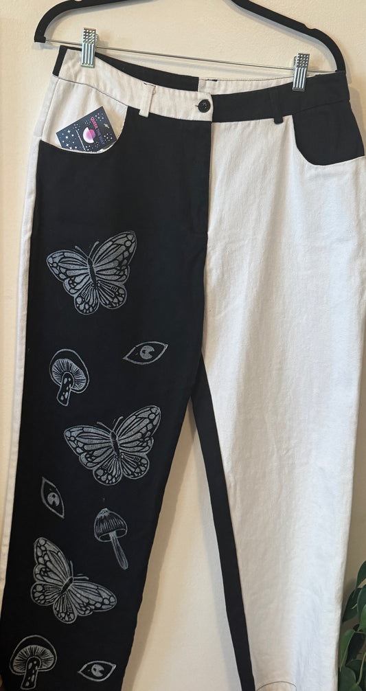 Black and White Butterfly Mushroom Pants