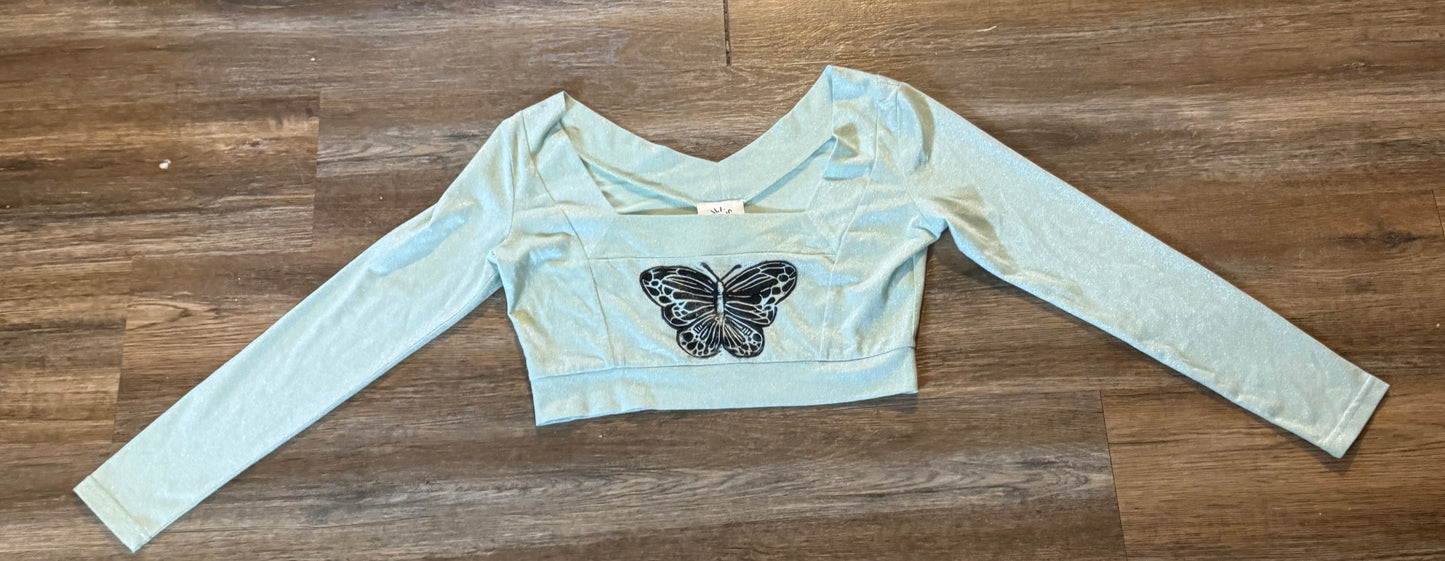 Long Sleeve Butterfly Sparkle Crop Top
